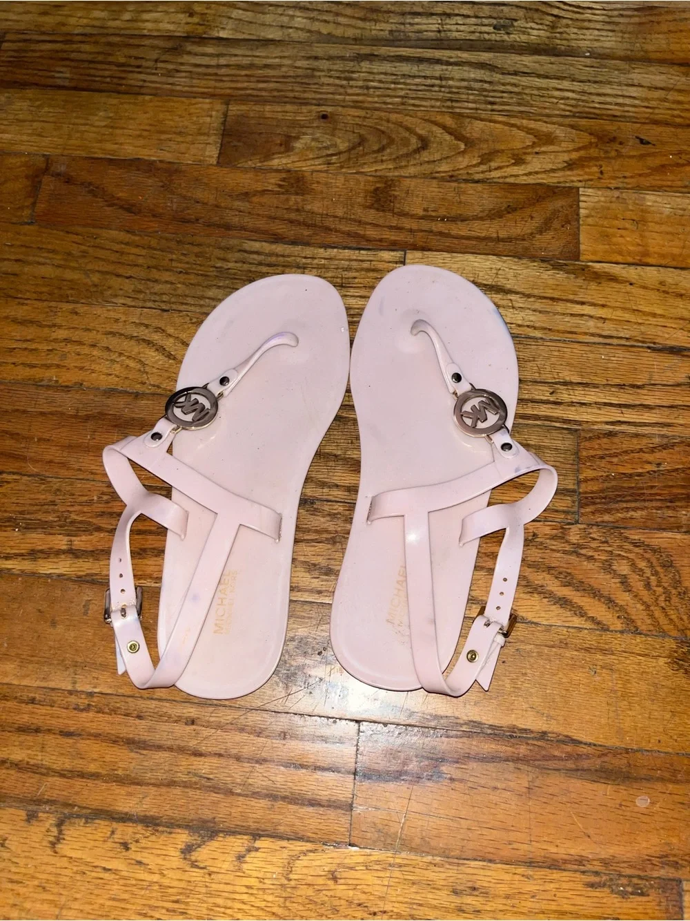 Michael Kors Light Pink Jelly T-Strap Sandals with Logo Emblem